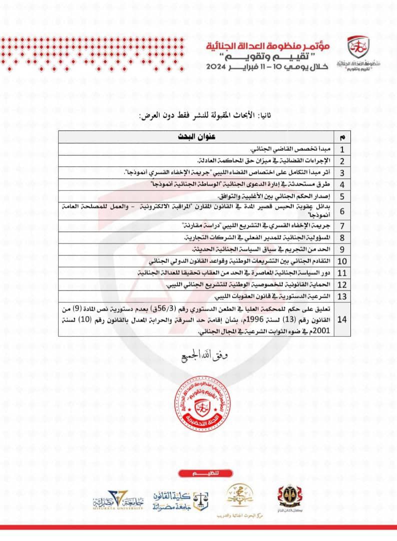للجنة العلمية لمؤتمر (منظومة العدالة الجنائية- تقييم و تقويم) تعلن عن القائمة النهائية للأبحاث المقبولة