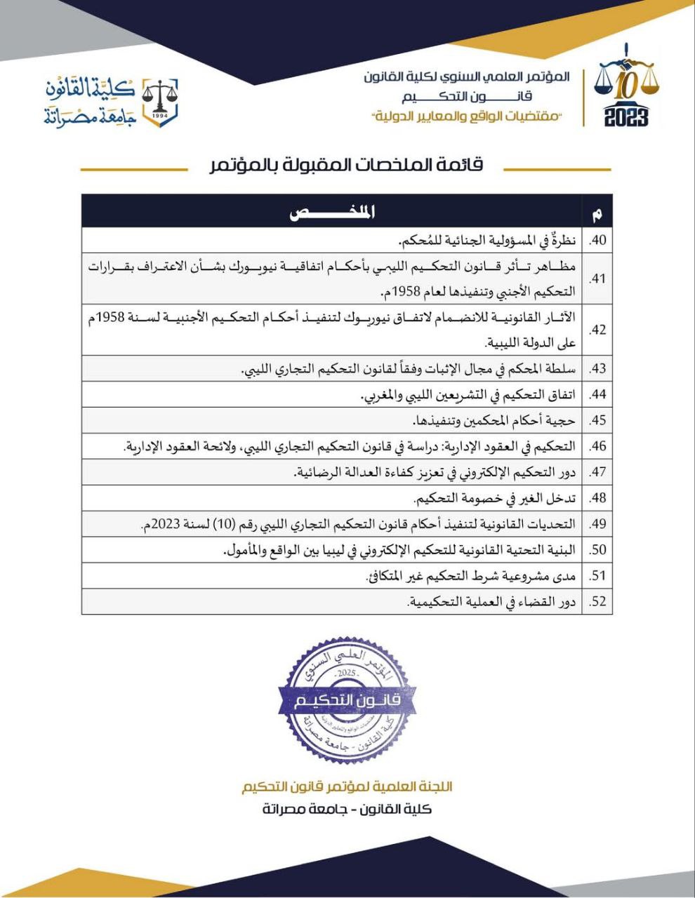 اللجنة العلمية لمؤتمر(قانون التحكيم الليبي-مقتضيات الواقع والمعايير الدولية) تعلن عن القائمة النهائية للملخصات المقبولة