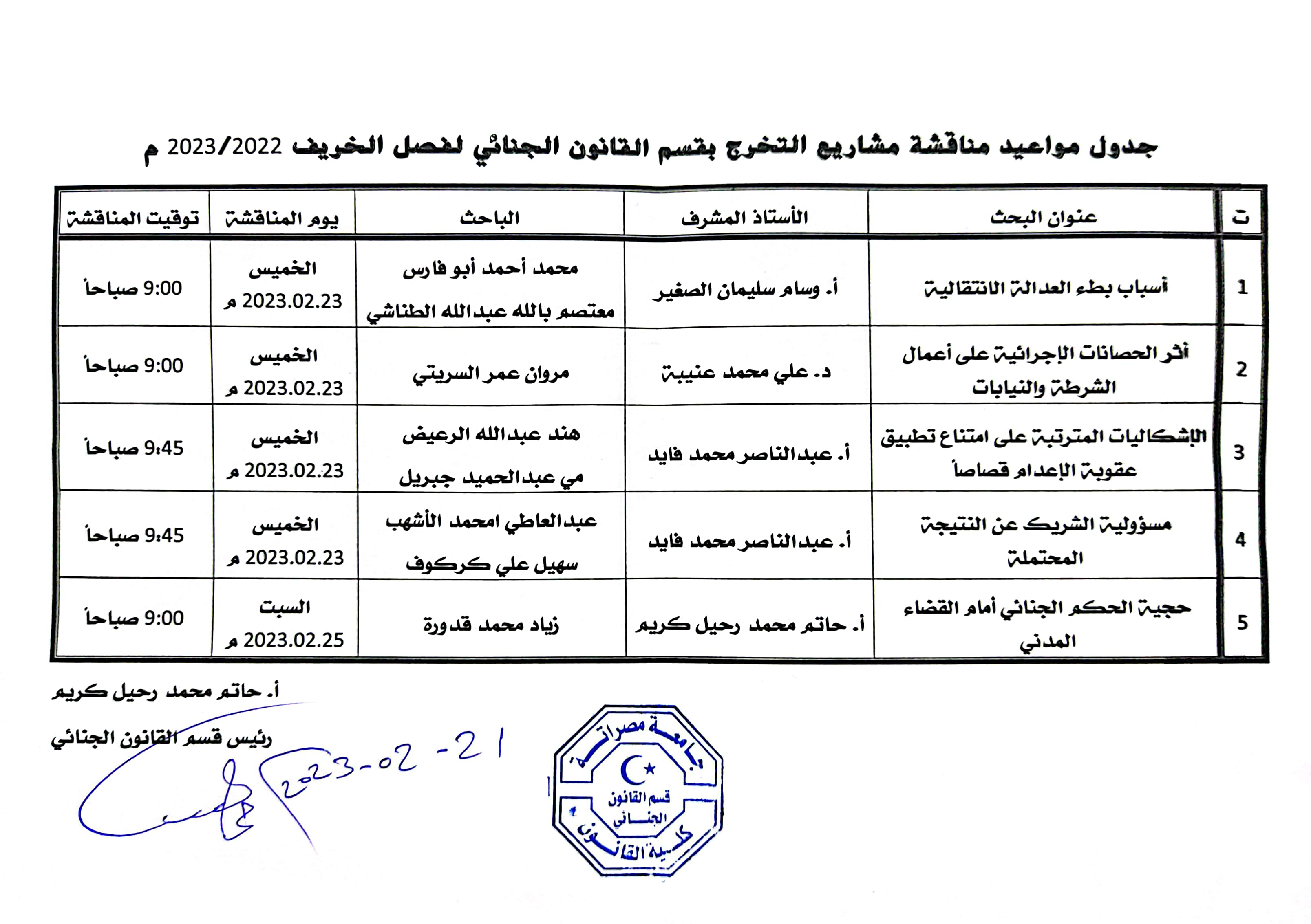 الأقسام العلمية تعلن عن مواعيد المناقشات العلمية لبحوث التخرج