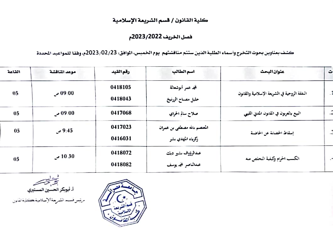 الأقسام العلمية تعلن عن مواعيد المناقشات العلمية لبحوث التخرج