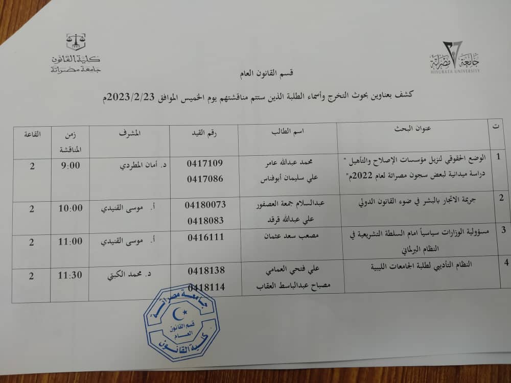 الأقسام العلمية تعلن عن مواعيد المناقشات العلمية لبحوث التخرج