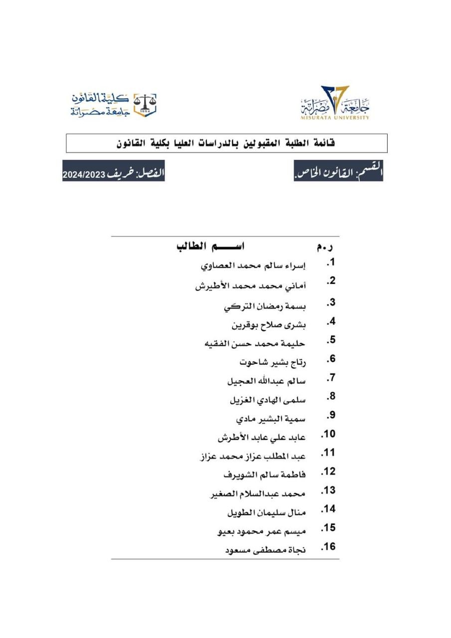 الإعلان عن أسماء الطلبة المقبولين ضمن برنامج الدراسات العليا 